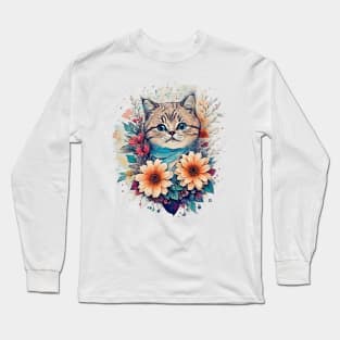 Amazing cat with Flowers Long Sleeve T-Shirt